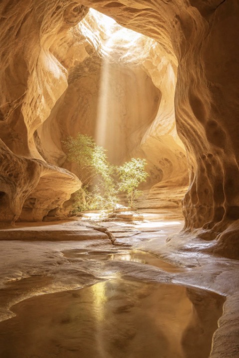 Eine stille Höhle aus warmem Stein, durchflutet von weichem Licht — ein gehaltener Raum der Rückkehr