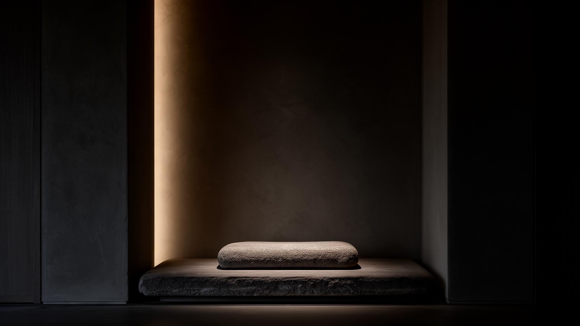Stille, in warmes Licht getauchte Meditationsnische aus Stein